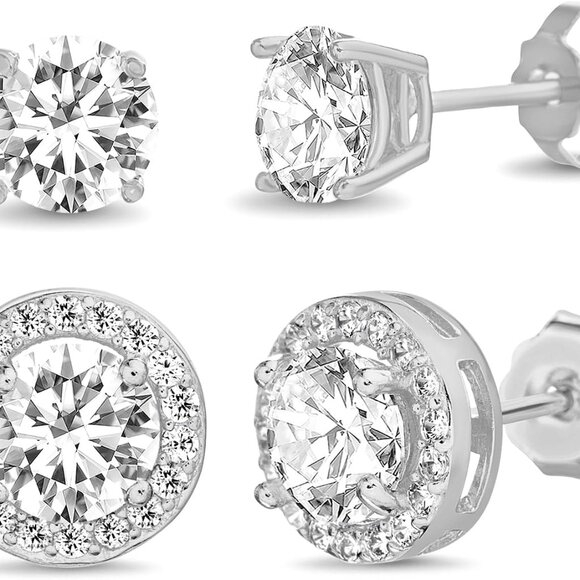 Silver Rhodium Plated Cubic Zirconia Stud Earrings for Women, 2-Pair Set, Elegan - Picture 1 of 5